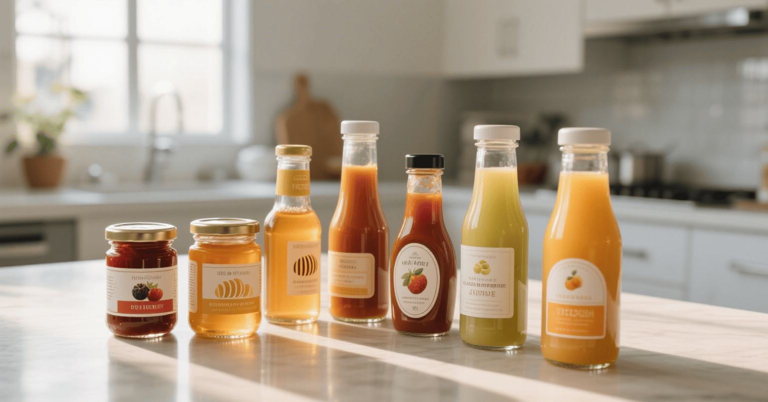 Waterproof, oil-resistant labels for sauces, jams, honey, and drinks.