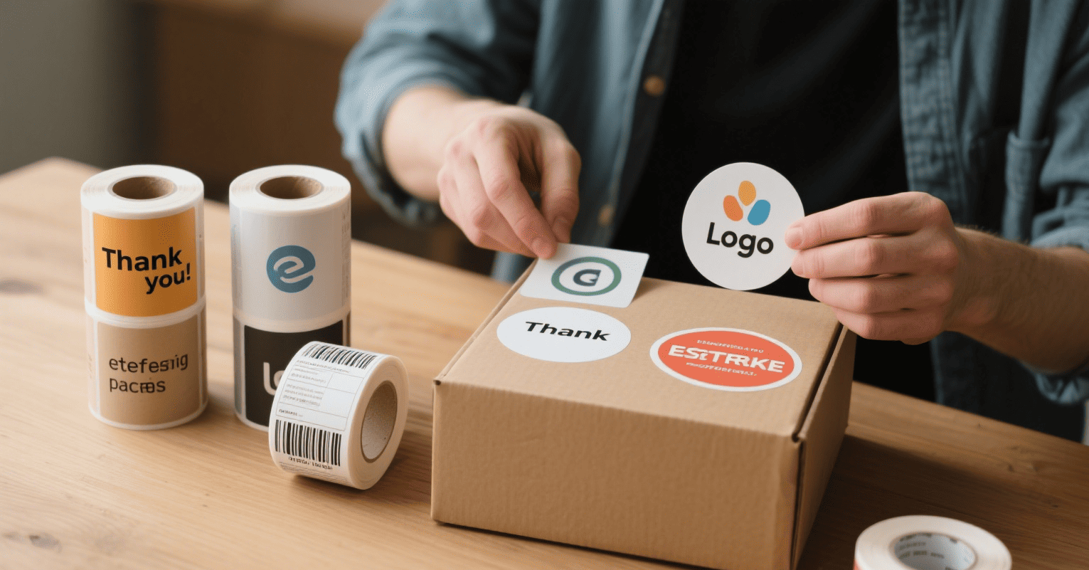 Custom logo, thank-you, and fragile stickers for brand identity.