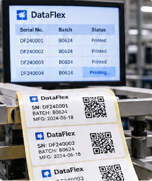 Variable-data production can include serial numbers, unique QR codes, batch or lot numbers, coupons, Data Matrix codes and changing text. Philiton treats data preparation, artwork merge, print output, verification, scrap, reprints and final reconciliation as connected steps.