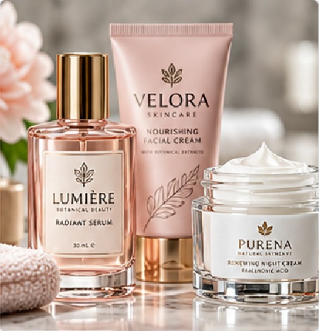 Cosmetic packaging may combine clear films, opaque white, fine text, metallic effects, oil exposure and many fragrance or formula SKUs.