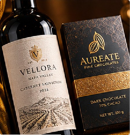 Wine, spirits and premium goods often depend on texture, foil, embossing, fine linework and controlled color rather than simple four-color printing.