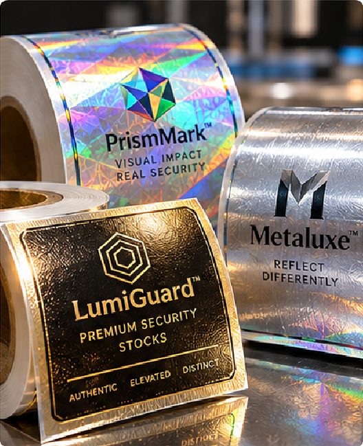 Metallic and holographic materials create reflective visual effects but can change printed color, white-ink requirements and barcode or QR readability.