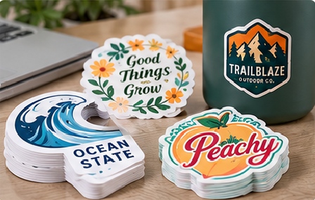 Die-cut stickers can be supplied as rolls, sheets or individual pieces with custom contours.