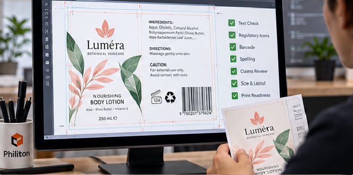 Philiton prints approved regulatory artwork and checks production feasibility, legibility, version, dieline, barcode or variable-data structure.
