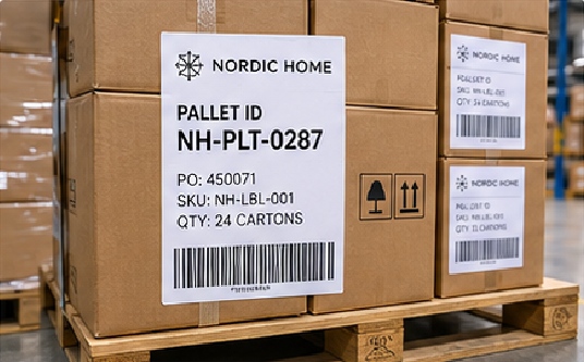 Outer-carton and pallet marking can include SKU, quantity, PO, batch or destination details according to the receiving requirement.