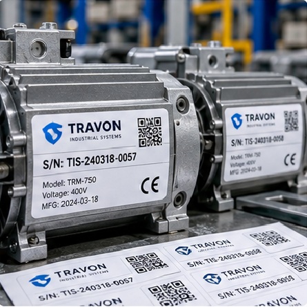 Illustrative scope: a German equipment manufacturer, 60,000 durable PET labels with serial numbers and QR codes.
