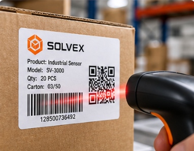 Barcodes and QR codes are designed around scanner performance, quiet zones, contrast, print gain, size and final label geometry.