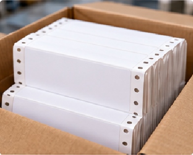 Fanfold thermal or variable-information labels are folded in controlled stacks for compatible printers and feeding systems.