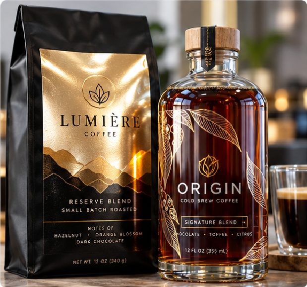 Metallic and Clear Materials for Distinctive Coffee Branding